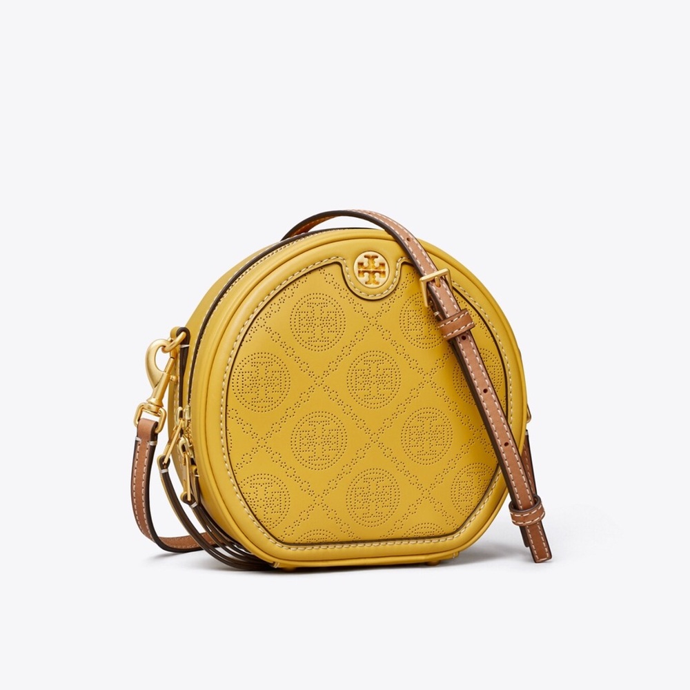 Tory Burch Round Perforated Leather Crossbody in Mustard